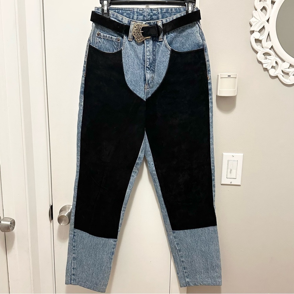 Vintage 80's PEPE Suede Chaps Patchwork Denim Jeans w/ Belt Jrs 7/8 Women’s 0/2